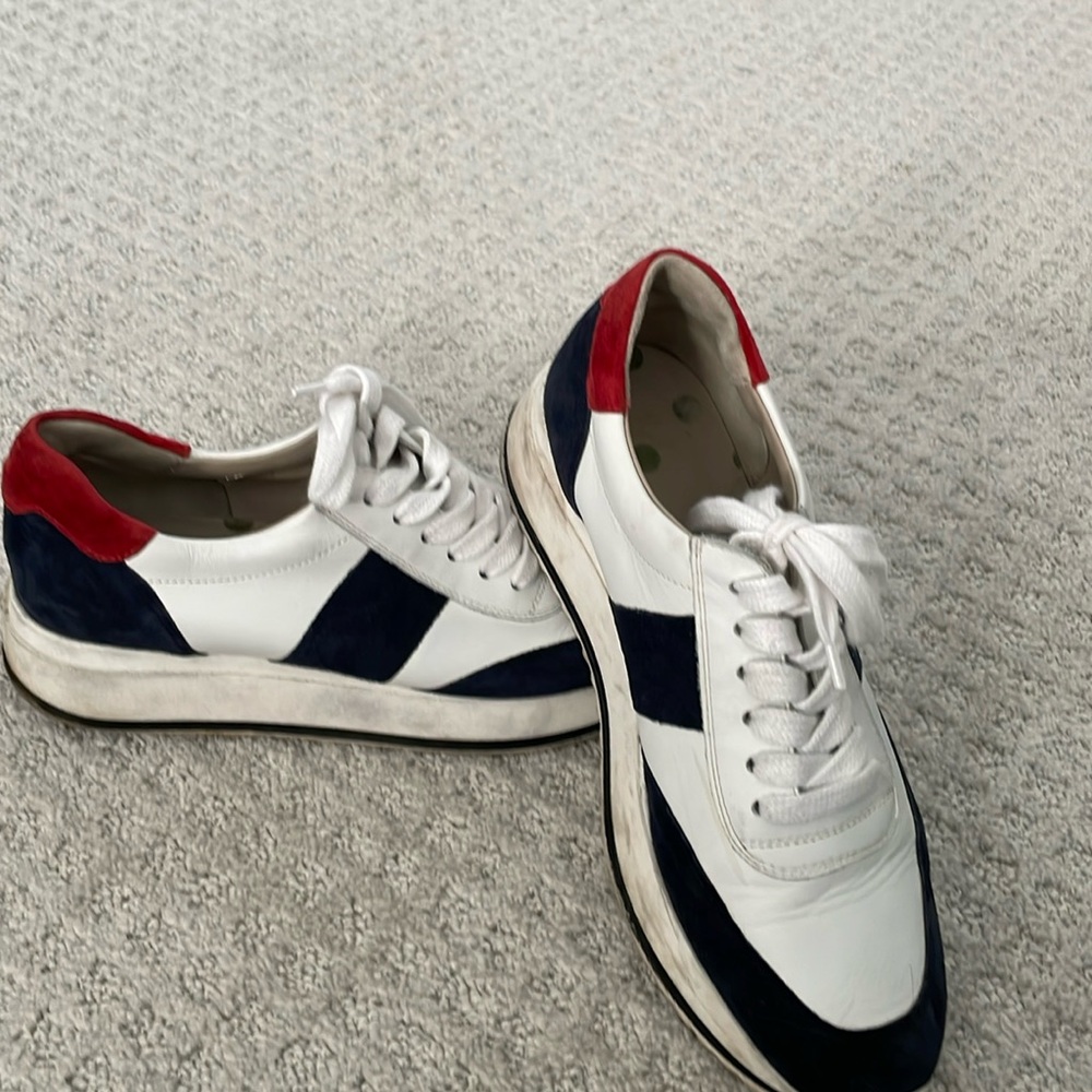 Boden, sz 40. White leather sneakers with red and blue suede detailing.